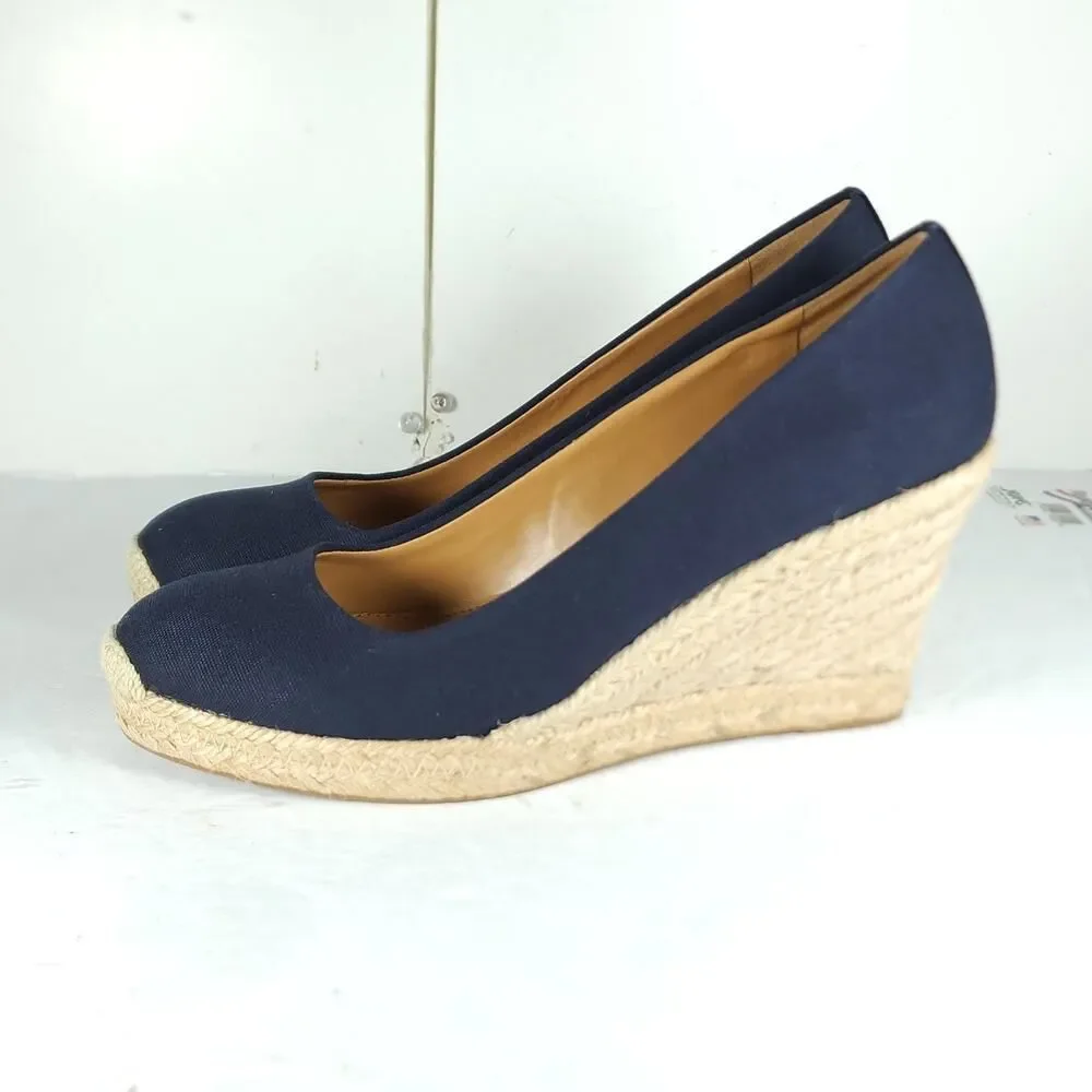 J. Crew Women's US 9 Canvas Navy Blue Wedge Pumps Espadrille Shoes New